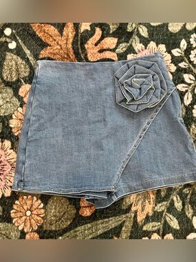 Denim Wrap Skirt with Floral Appliqué - Blue
